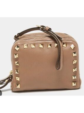 Valentino Garavani Taupe Leather Wristlet with Gold Studs